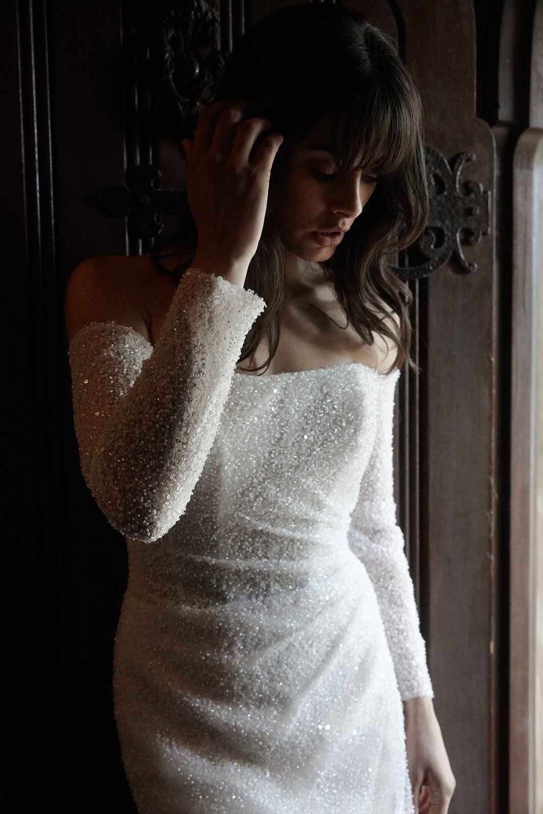 The Amalfi Modern shimmer sequin wedding dress with long sleeves.jpg