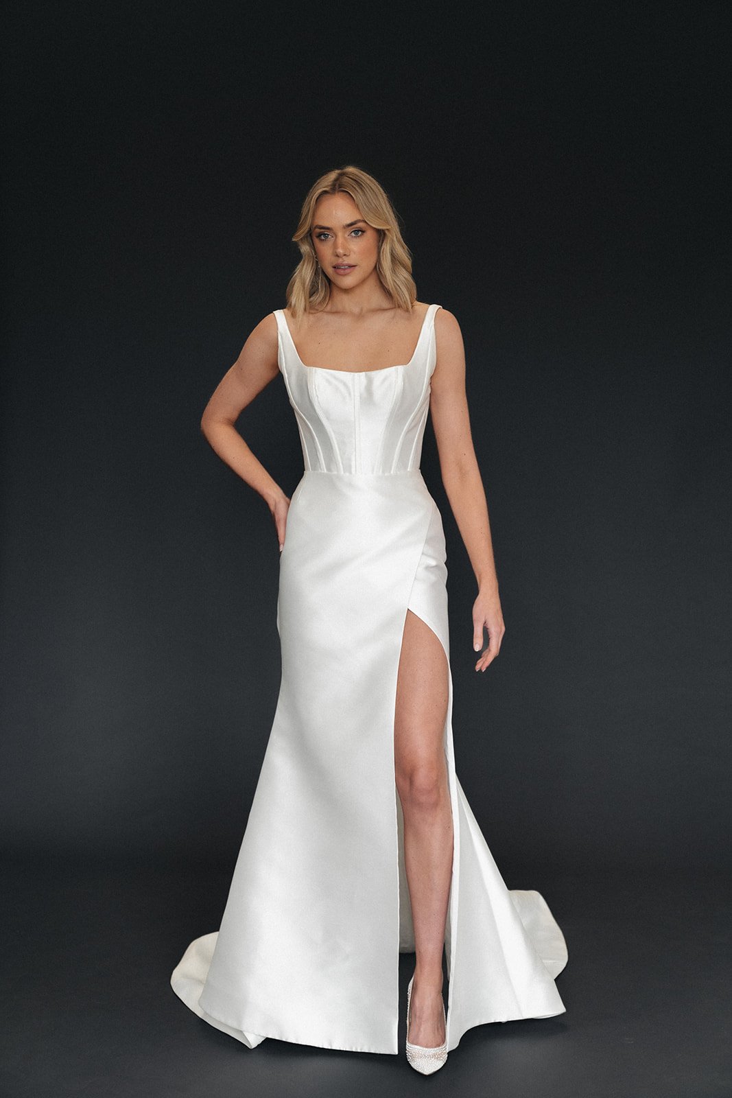Moira Hughes Take Flight Collection Catalina Mikado Wedding Dress with Split.jpg