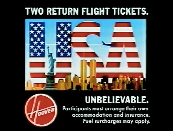 A still from a 1992 TV ad promoting Hoover’s offer (YouTube)