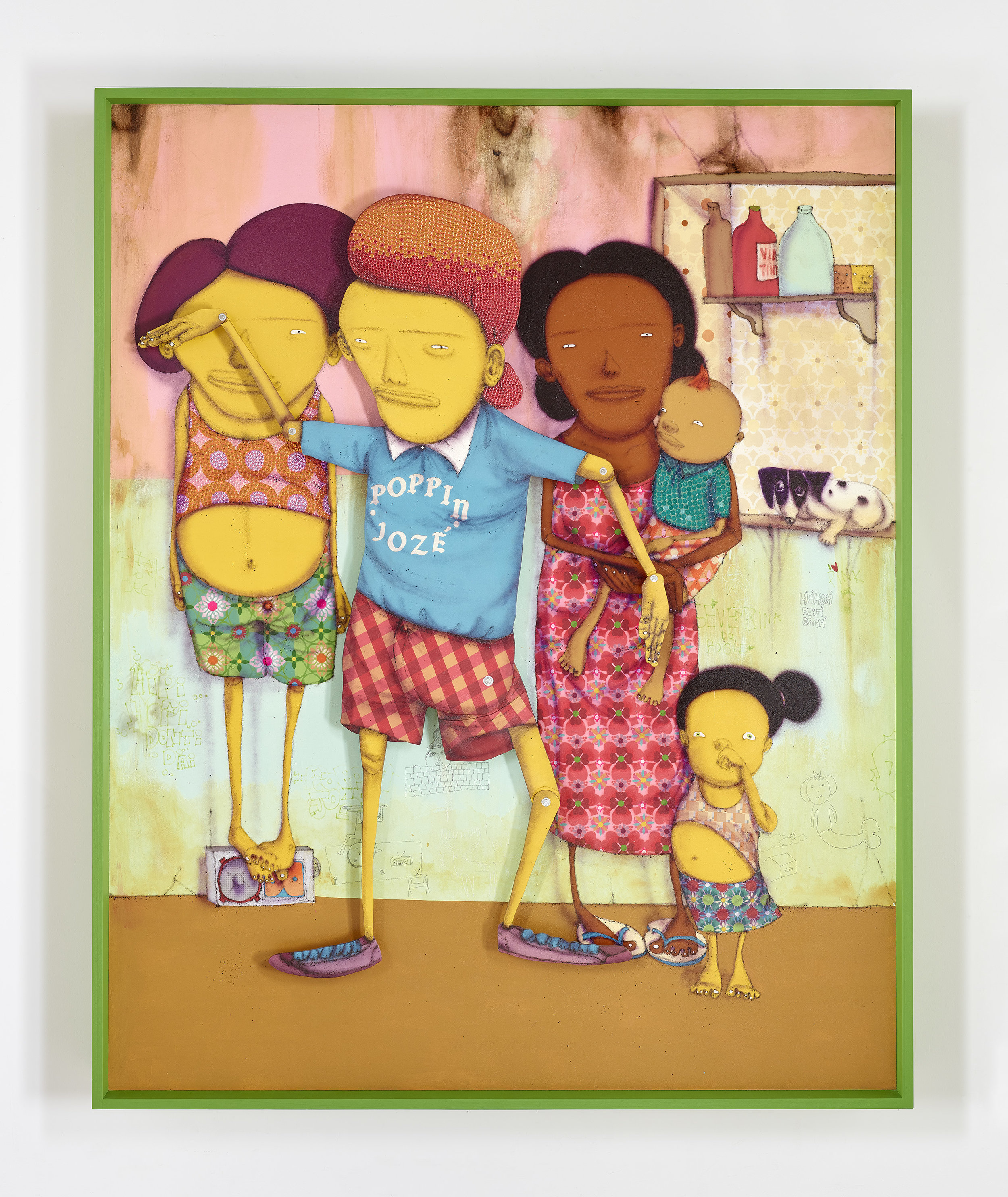 OSGEMEOS O Dia Da Festa de Break (The Break Party's Day), 2016 mixed media on wood board 80.31 x 64.57 x 7.87 inches (framed) 204 x 164 x 20 cm Photo: Max Yawney Courtesy the artists and Lehmann Maupin, New York and Hong Kong