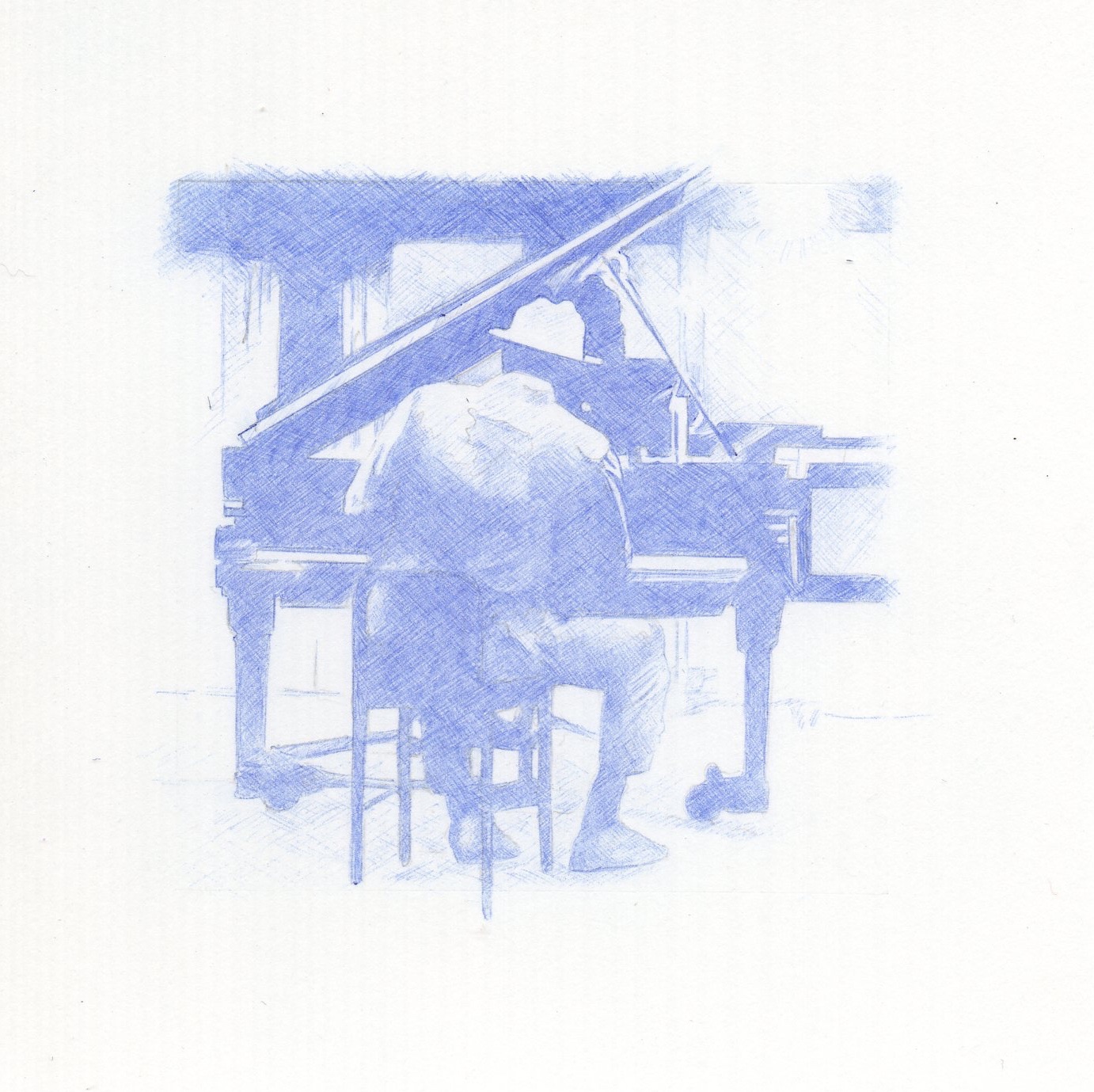 Thelonius Monk 2x2 inch blue ball point pen drawing. Done in 2005