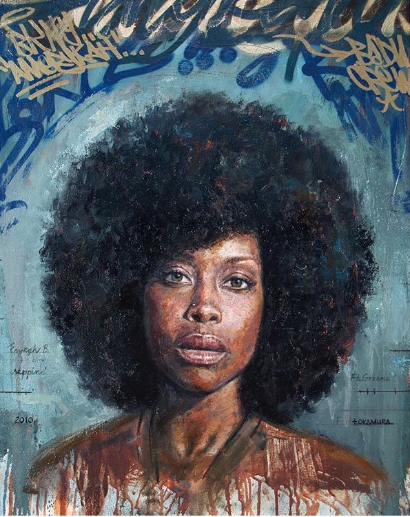 Artwork by Tim Okamura "Erykah", 30 x 26", oil, aerosol, paint marker on canvas