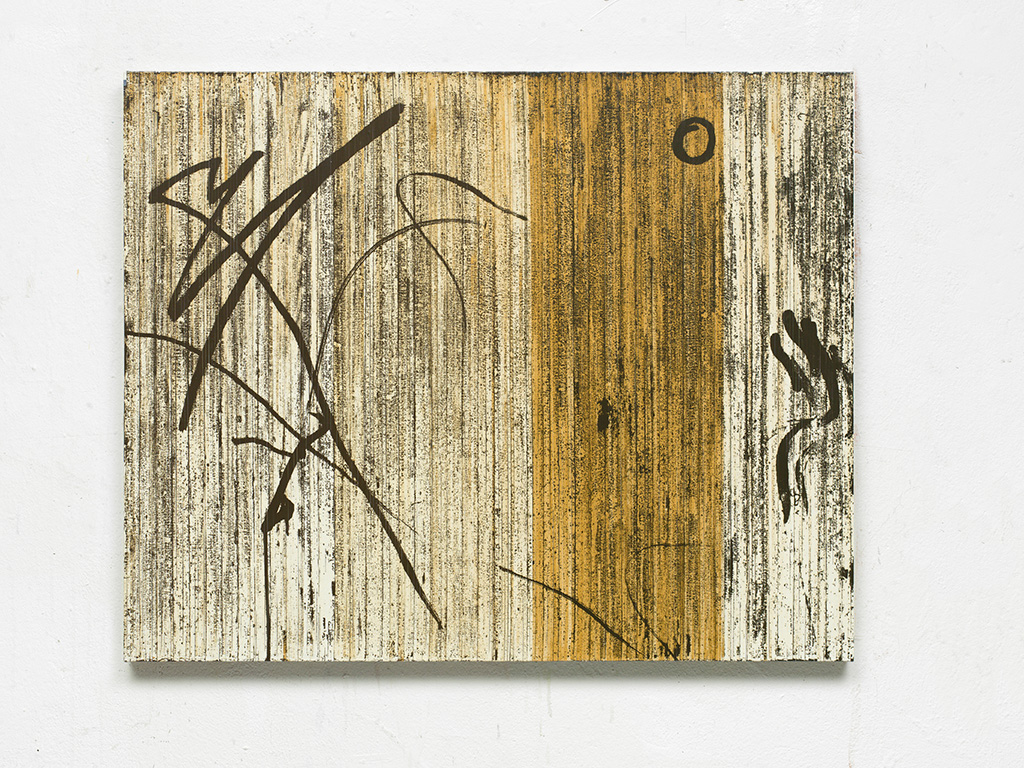 Gregor Hildebrandt "Im Zickzack durch die Zeit (Toco)", 2016 cassette tape and acrylic on canvas 74 x 92 x 3 cm Courtesy of the artist and WENTRUP, Berlin