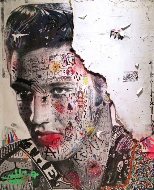 Le King (Elvis Presley) 2018 Mixed media on canvas with reclaimed wood & Tunisian hand painted tiles. 60 x 48