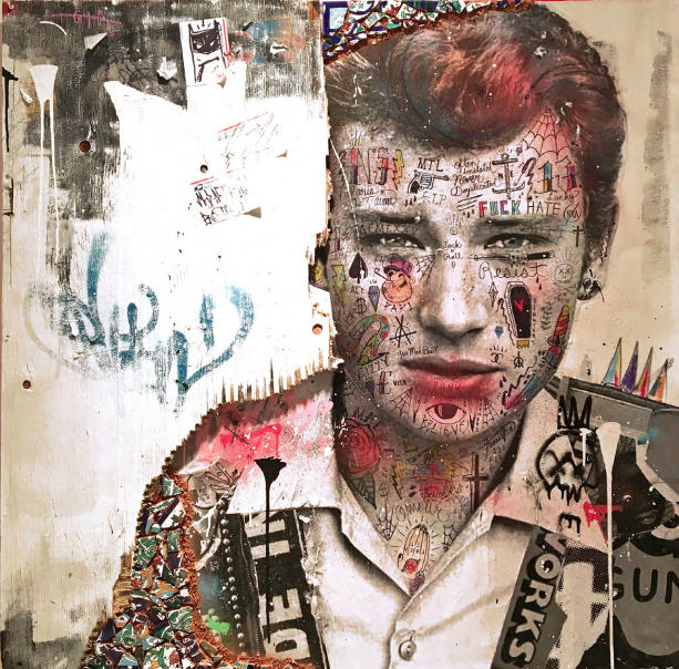 L’autre King (Johnny Hallyday) 2018 Mixed media on canvas with reclaimed wood & Tunisian hand painted tiles 48 x 48