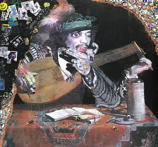 Stikki Peaches "A Lute Player (Jimi Hendrix)" Mixed media on canvas 60" x 60"