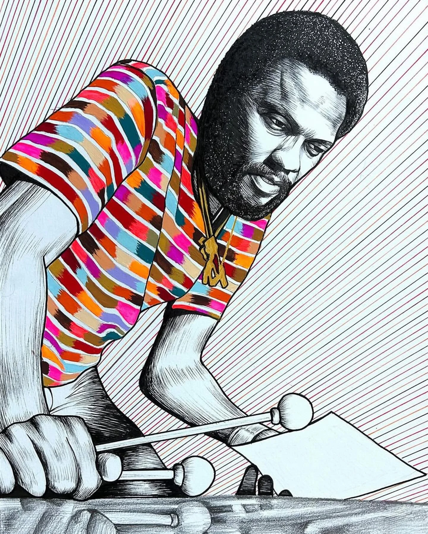 Roy Ayers by @ianmjohn
Ink and gouache on paper (14&rdquo; x 11&rdquo;) - 2026

Roy Edward Ayers Jr. (September 10, 1940 &ndash; March 4, 2025) was an American vibraphonist, record producer, and composer. Ayers began his career as a post-bop jazz art