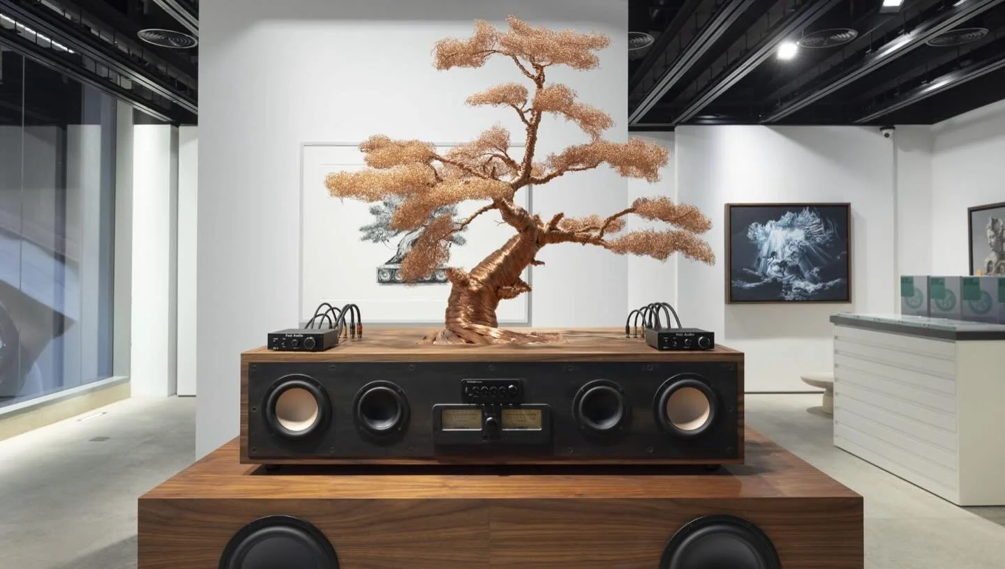 View of @danielarsham &laquo;&nbsp;What Remains&nbsp;&raquo; at @perrotin Dubai
(Courtesy of the artist and Perrotin)

Arsham transformed the gallery into a sonic installation with his latest sculptural series of copper wrapped bonsai tree sculptures