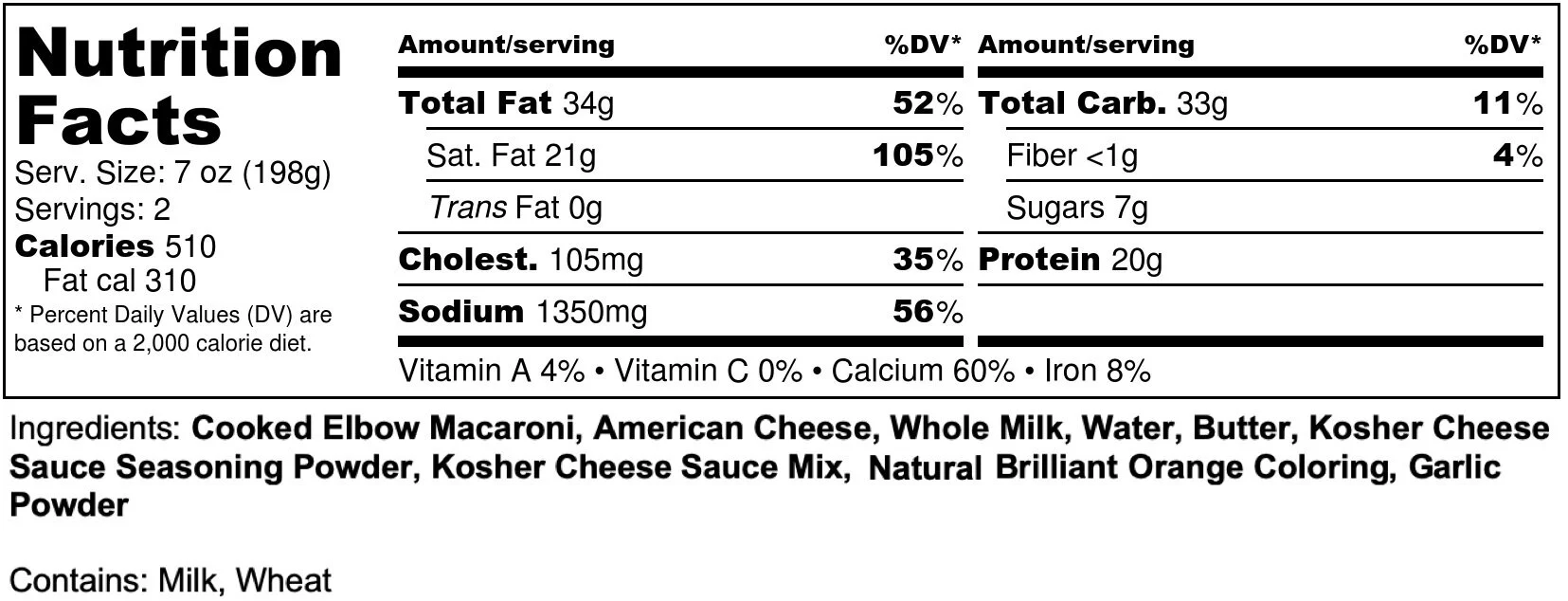 Mac And Cheese Nutrition Label