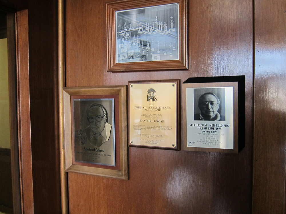  Plaques and trophies for my grand-father, Sanford Gross, US Table Tennis AND  Cleveland Slow-Pitch Metn's Softball&nbsp; Hall of Famer 