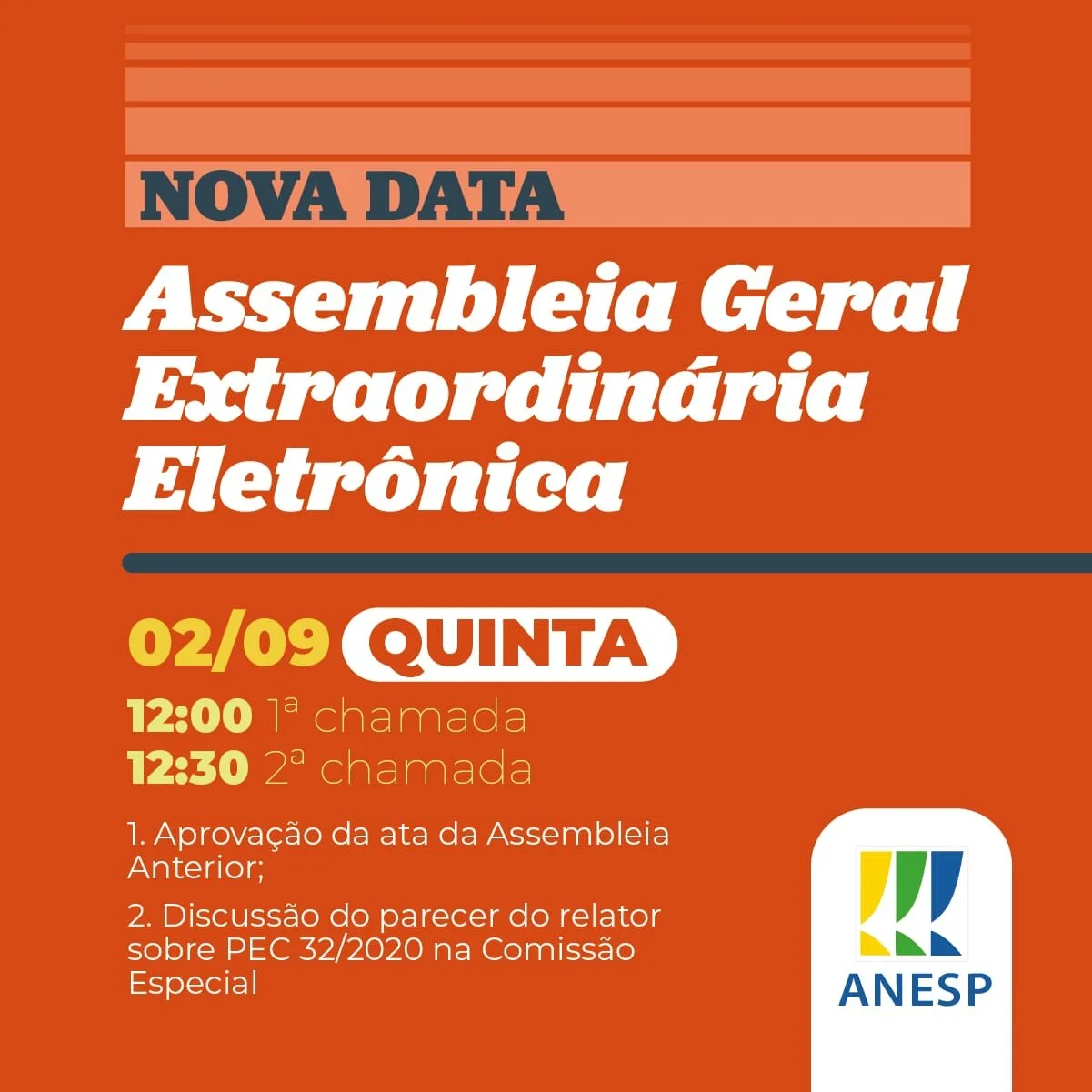 Nova data: Convocação para Assembleia Geral Extraordinária da ANESP em 02 de setembro