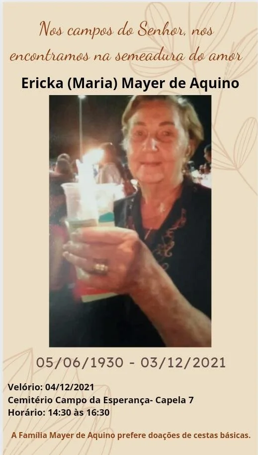 Nota sobre o falecimento de Ericka Mayer de Aquino, mãe do EPPGG José Ivan Mayer de Aquino