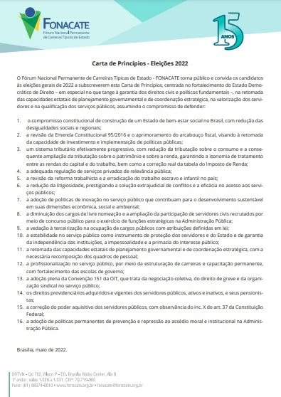 Fonacate lança Carta de Princípios e convida candidatos às Eleições a compromisso