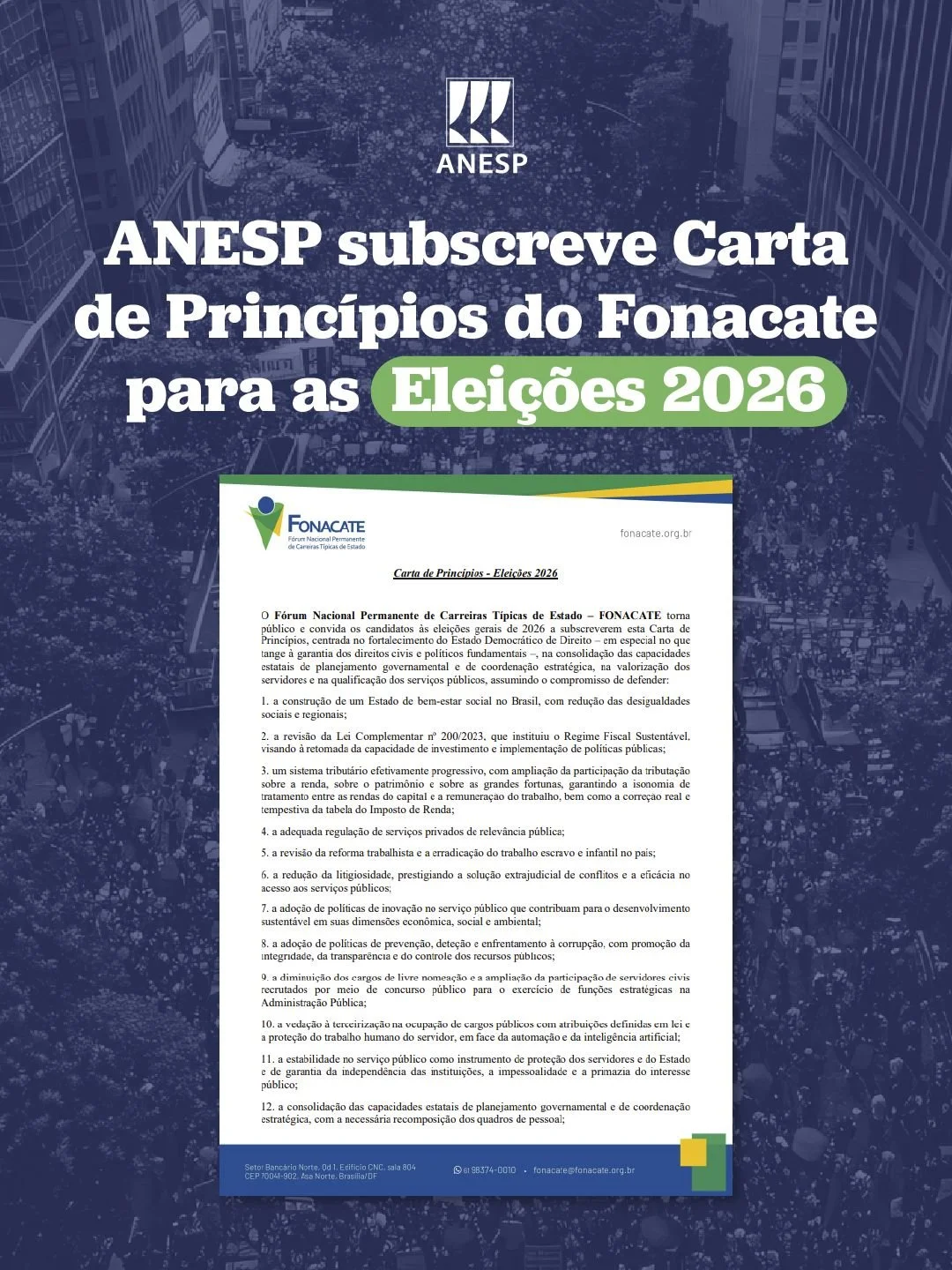 ANESP subscreve Carta de Princípios do Fonacate para as Eleições 2026