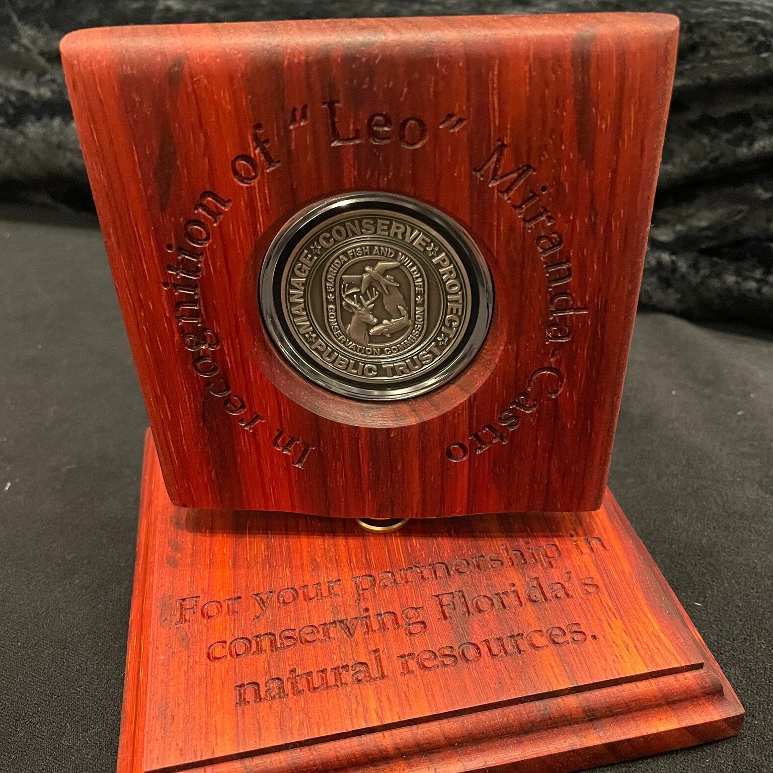 This photo sent in by one of our customers, @myfwc is a custom display made out of African Padauk with an engraving encircling the coin as well as on the base.
.
.
.
#MyFWC #Florida #FishandWildlife #coindisplays #recognition #beworthyofrecognition #