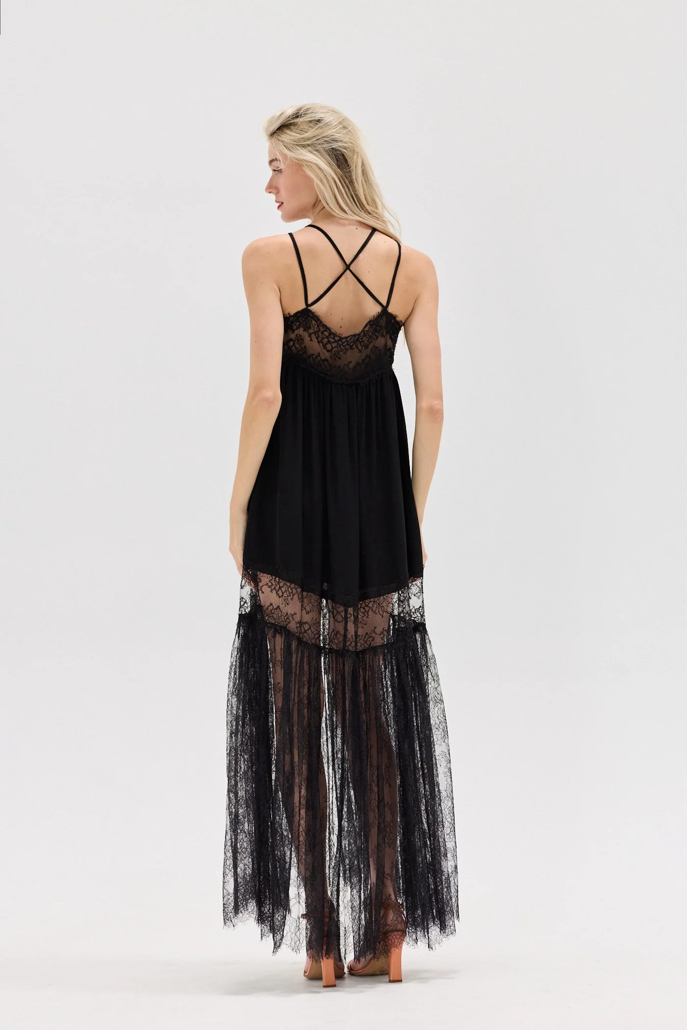 PLEIN SUD 00s Black Silk Chiffon Empire Waist Gown w/ Lace Trim