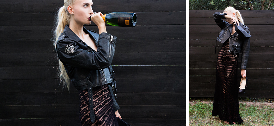 Photography Katy Shayne - Styling Masha Poloskova and Mallory Hublein - Model Rachel Pychinzska - Hair Joseph Theis - Make up Ashley Rae Hancock - Jewelry by AEA - Vintage Harley Motorcycle Jacket - Vintage Alaia Lace Gown