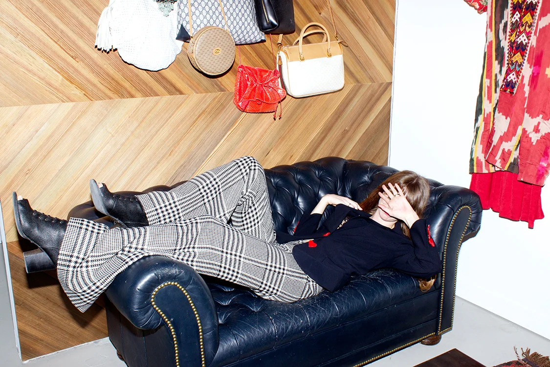 Alex is wearing a Moschino Ace of Hearts Jacket - Sz. M SOLD! and Versace herringbone wool wide-leg pants - Sz. 4 $135.