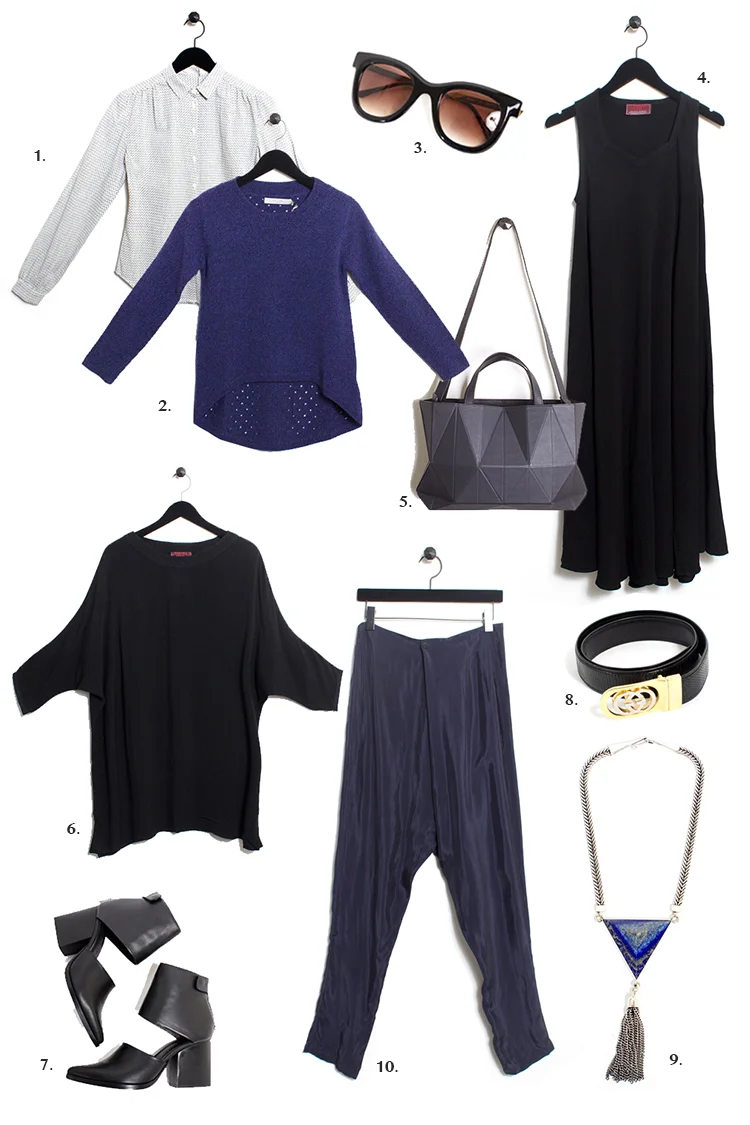 1. 7115 by Szeki cream polka dot blouse $130 (sizes S-L) 2. 7115 by Szeki blue perforated wool sweater $195 (sizes S-L) 3. Thierry Lasry "Nudity" sunglasses $485 4. Tienda Ho "Zohra" dress in black $150 (size O/S) 5. Finell "Axis" tote in black leather $1095 6. Tienda Ho "SGH" tunic $105 (size O/S) 7. LD Tuttle "The Light" boots in black leather $640 (sizes 37 - 41) 8. Gucci vintage logo belt $75 (size M) 9. ManiaMania "Magick" necklace in lapis $320 10. H Fredriksson "Jump" pant $335 (sizes S-L)