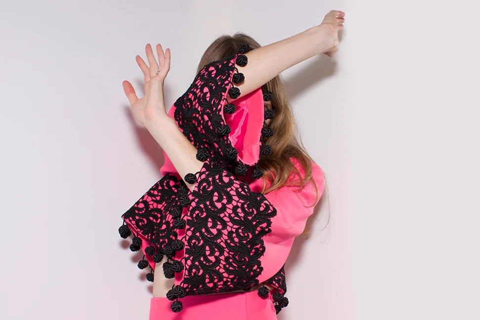 Vintage 1990s hot pink suit by Christian Lacroix. Jacket is a size 4/6 - $795 and the skirt is a size 2/4 - $125. Paired with LD Tuttle "Light" booties $640 sizes 37-41 available. Please call 512-462-4667 to purchase.