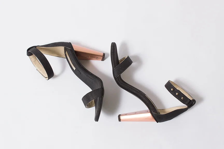 Sydney Brown open heel in charcoal and cork with copper heel - sizes 38, 39, 40, and 41 available - $450.