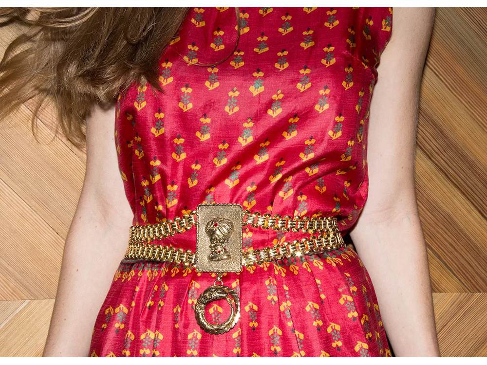 VINTAGE Indian silk maxi dress - $225 size M, DIOR 80s sultan belt gold belt - $875 size M, SYDNEY BROWN open toe cork and copper heels - $450 size 38, 39, 40, and 41 available.