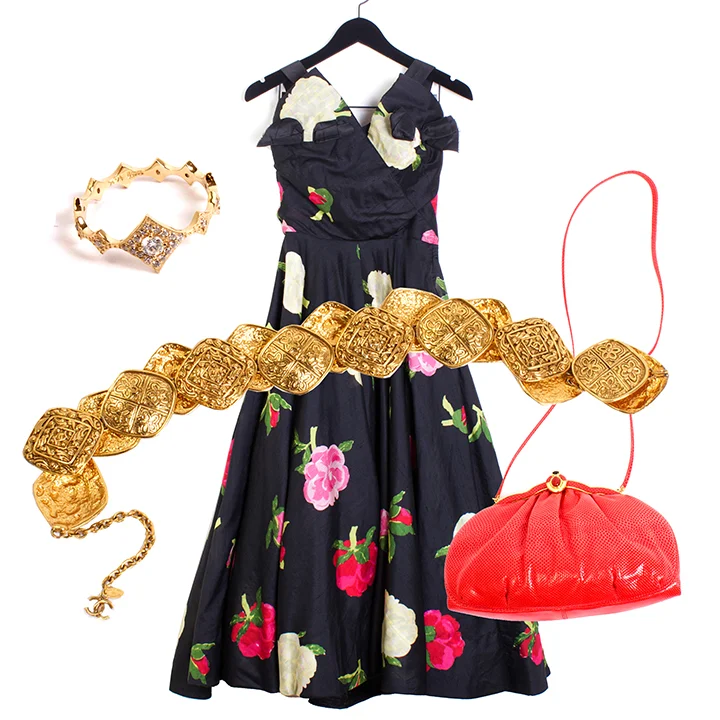 THE CLASSIC GIRL KATIE DIAMOND "Leighton" Ring 14K Yellow Gold and Diamonds Ring - $2164 size 7, NEIMAN MARCUS 50s Crepe Party Dress - $395 size M, CHANEL 80s Gold Medallion Belt - $895, JUDITH LEIBER 80s Snakeskin Purse - $295.