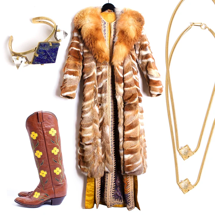 THE BOHO GIRL UNEARTHEN "Pyxis" Cuff in Ox Lapis and Quartz - $550, VINTAGE 70s Fox Fur Coat - $895 size S/M, VINTAG E 70s Moroccan Robe - $525 size O/S, LARRY MAHAN 70s Western Floral Boots - $295 size 9, UNEARTHEN "Pyxis" Quartz Necklace - $310 each.