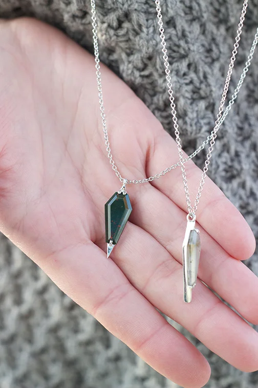 AEA Dagger necklace in sterling with labradorite and bloodstone $390 each