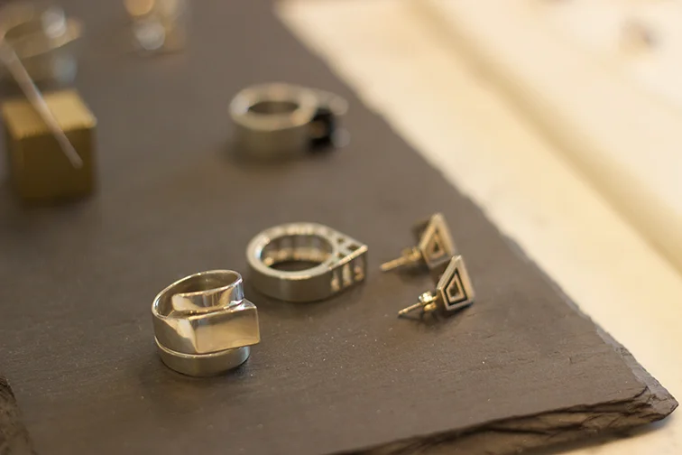 AEA helix ring in sterling $250 sz. 7,8 (pictured left). AEA Hinge ring in sterling sz. 6,7 (pictured center).