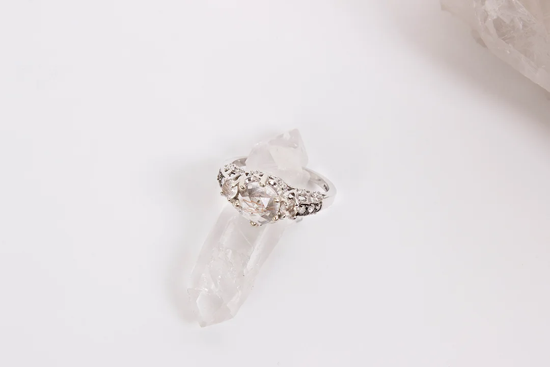 MANIAMANIA Immortalia Ceremonial Engagement Ring in 14K White Gold With Rose Cut Rutile Quartz, Rose Cut Smokey Quartz and Pave White Diamonds size 7 - $2795