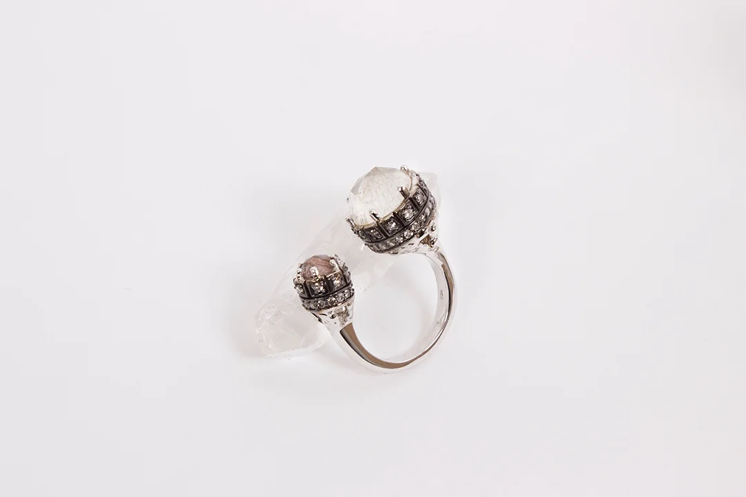 MANIAMANIA Immortalia Mineralia Ring in Sterling Silver With Rutile Quartz, Rose Cute Smokey Quartz and Pave White Diamonds size S/M and M/L Available - $3900