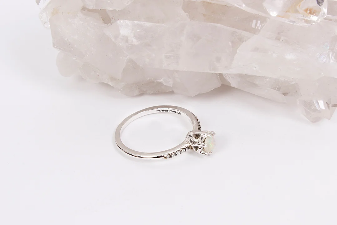MANIAMANIA Immortalia Entity Solitaire Ring in 14K White Gold With Rose Cut Opal and Pave Diamonds size 6, 7 Available - $1395