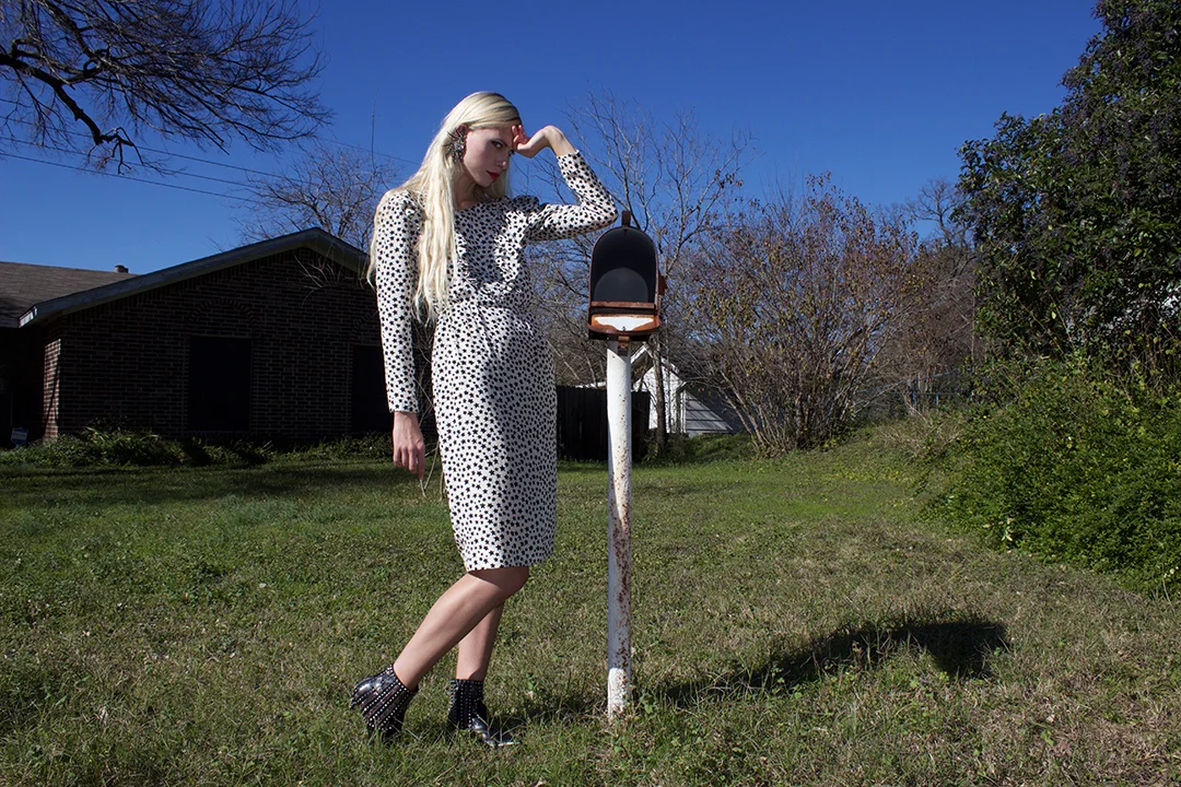 Rachel Pychinzska shot by Katy Shayne. Style by Masha Poloskova featuring Vintage 80s Silk YSL Star Dress.