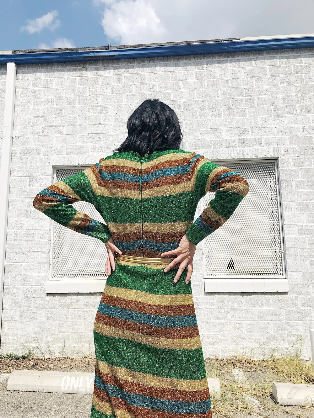 VINTAGE 70s Green, Blue and Gold Striped Lurex Maxi Dress  Garment Modern  + Vintage