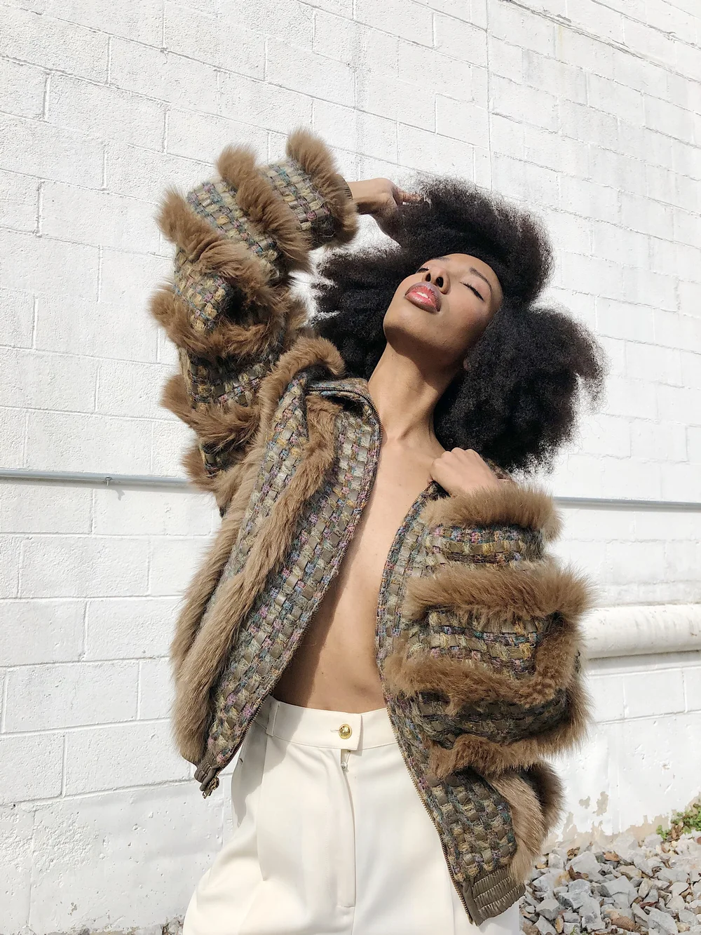 SCHJELDE 80s Mocha Woven Leather + Fox Fur Dolman Bomber — Garment