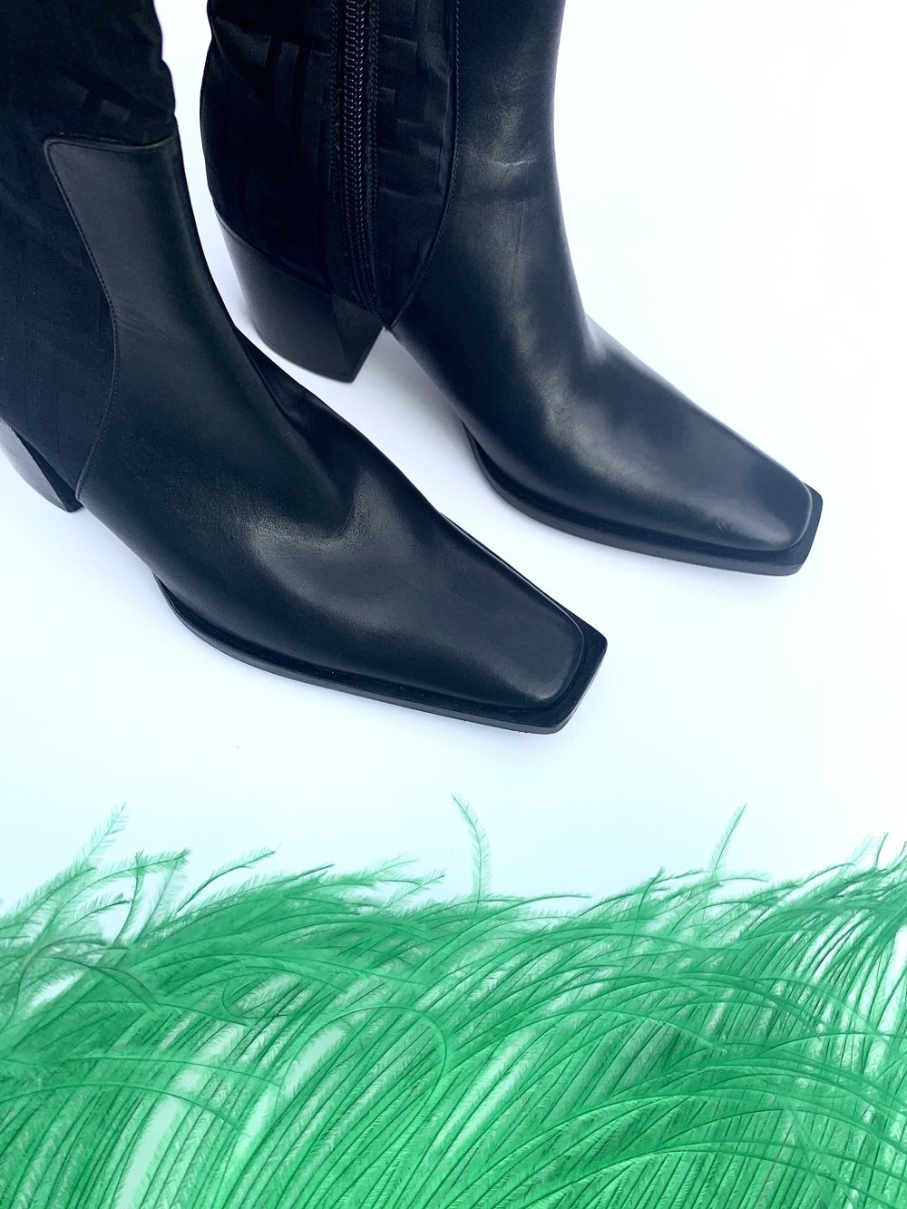 FENDI 90s Black Leather + Zucca Square Toe Boots — Garment