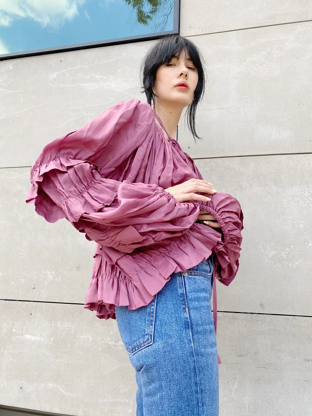 JEAN PAUL GAULTIER 90s Dusty Rose Silk Ruffle Zip Up Jacket