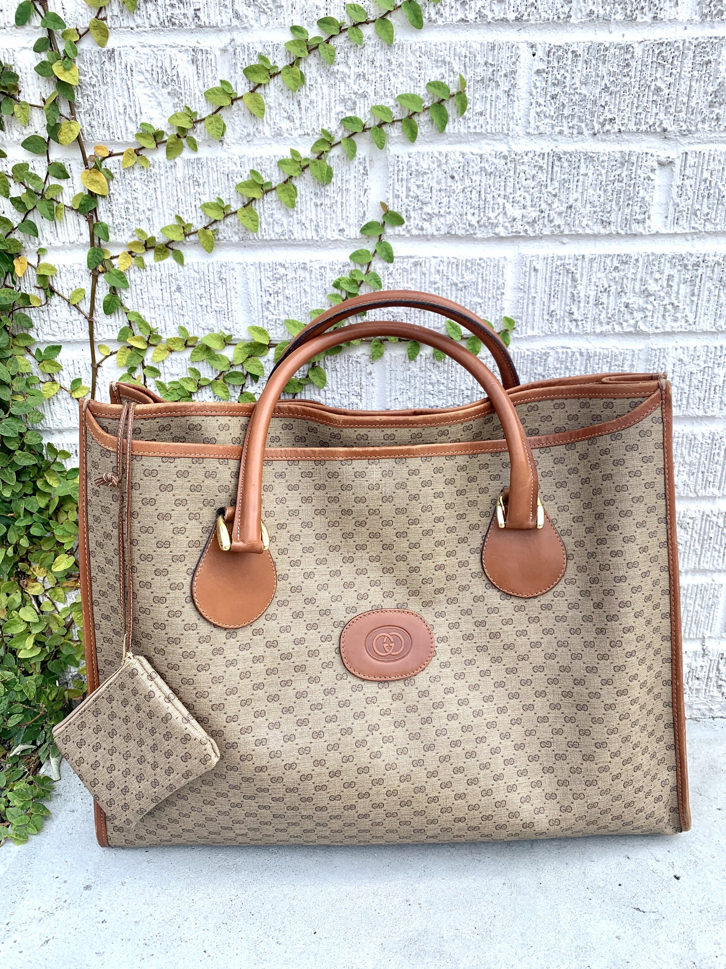 GUCCI 80s GG Logo Canvas Tote w/ Cognac Leather Handles 