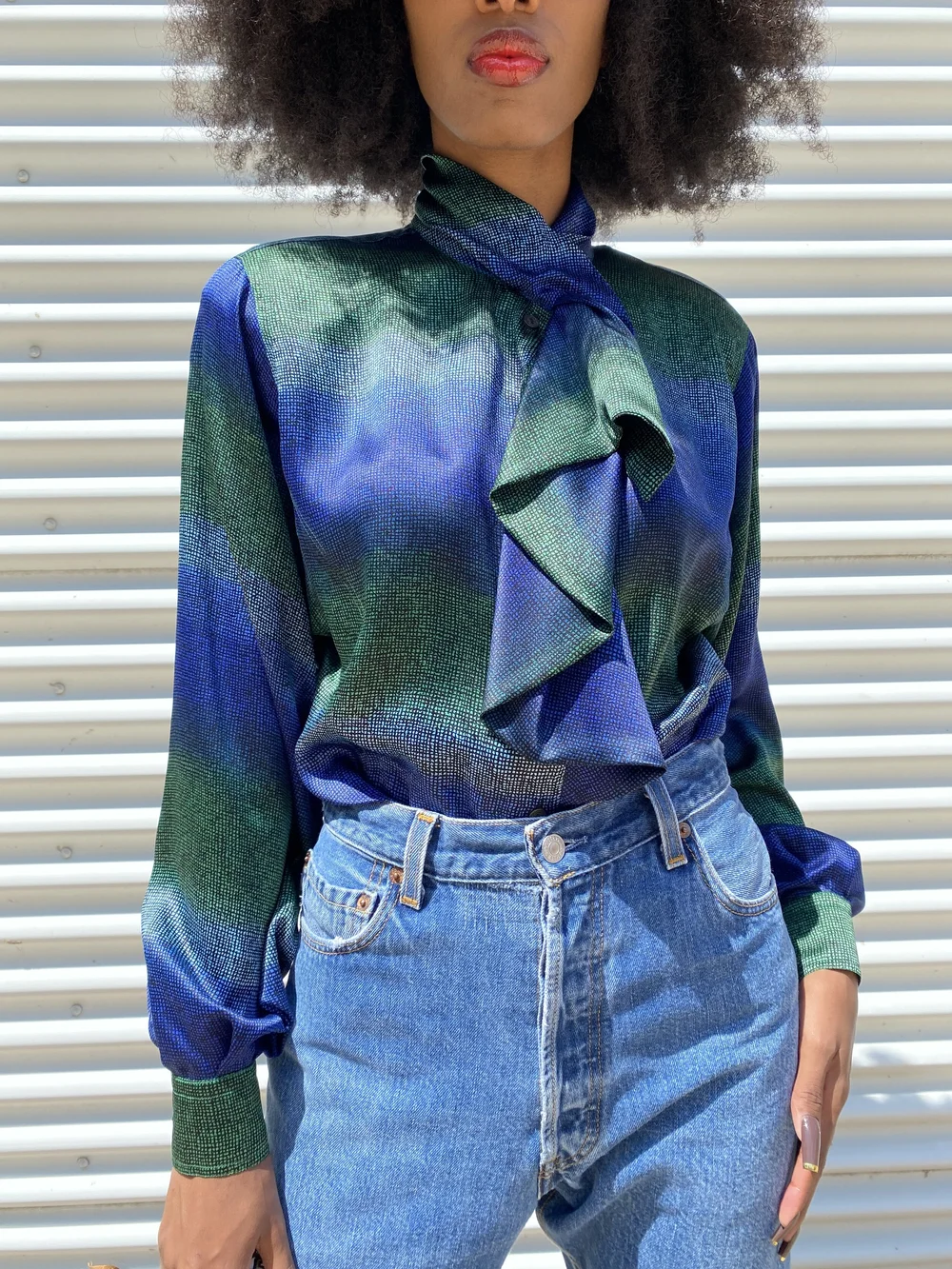 GUCCI 80s Silk Blue + Green L/S Ruffle Blouse - Sz. M — Garment
