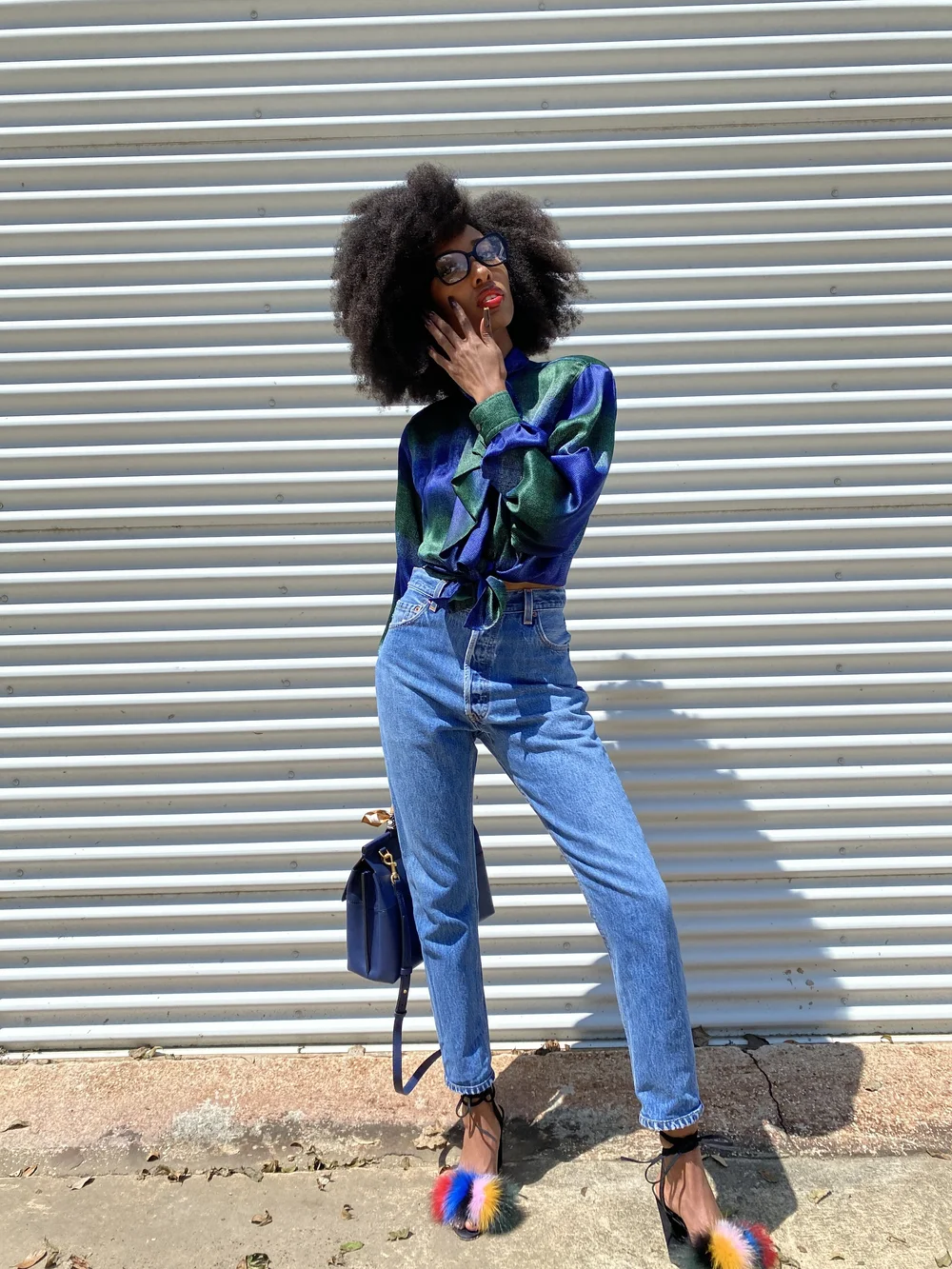 GUCCI 80s Silk Blue + Green L/S Ruffle Blouse - Sz. M — Garment