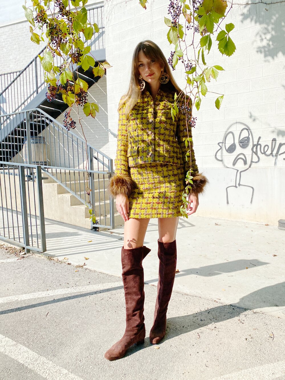CHANEL Fall 1994 Chartreuse Tweed Lurex Skirt Suit w/ Faux CHANEL Fall 1994 Chartreuse Tweed Lurex Skirt Suit w/ Faux