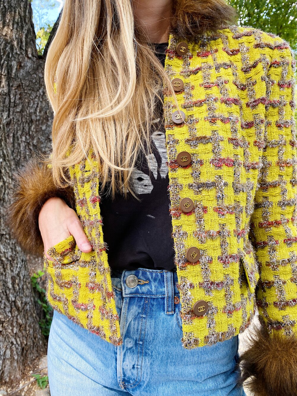 CHANEL Fall 1994 Chartreuse Tweed Lurex Skirt Suit w/ Faux CHANEL Fall 1994 Chartreuse Tweed Lurex Skirt Suit w/ Faux