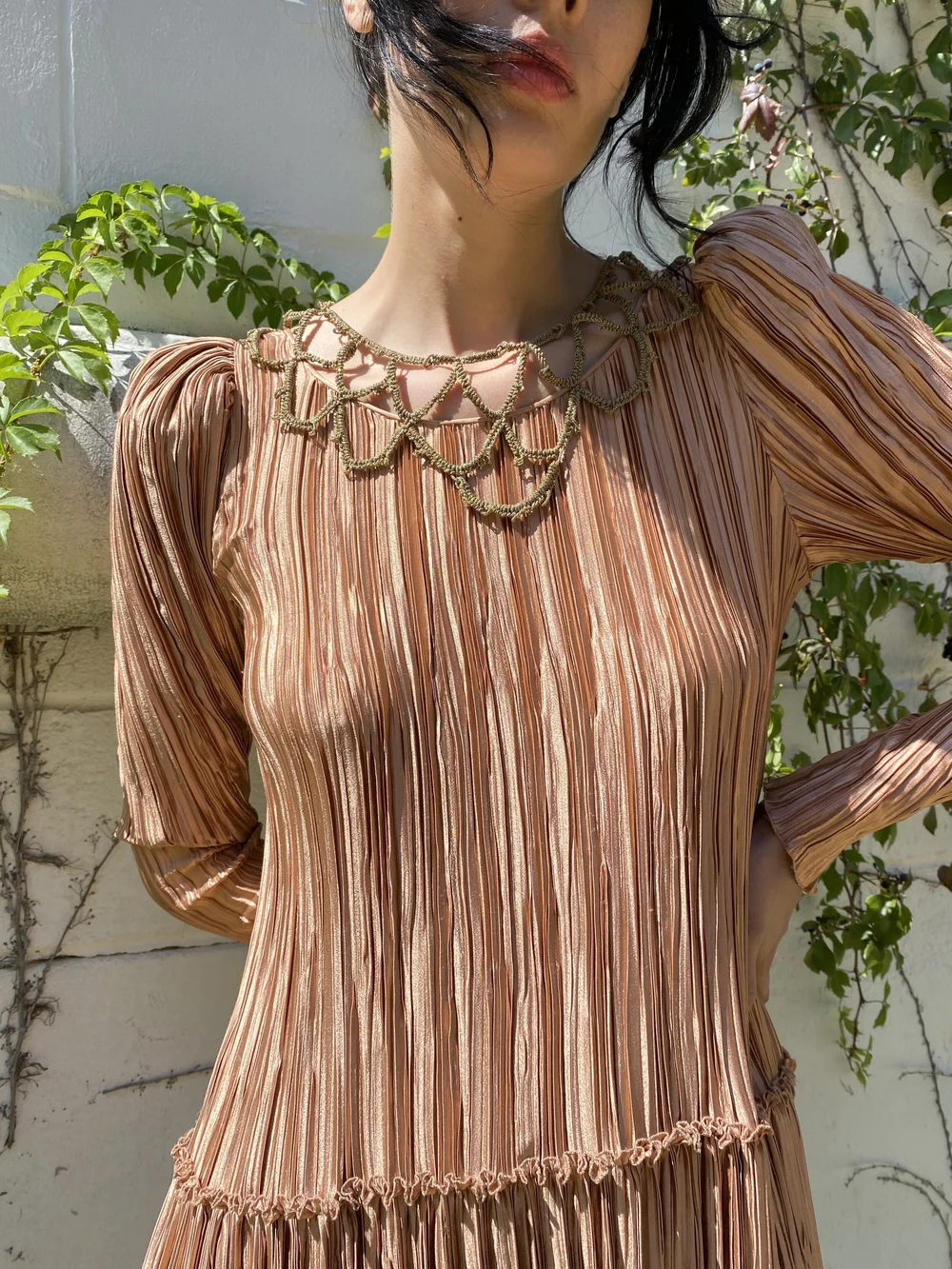 80s Brown Pleated Textured Dress