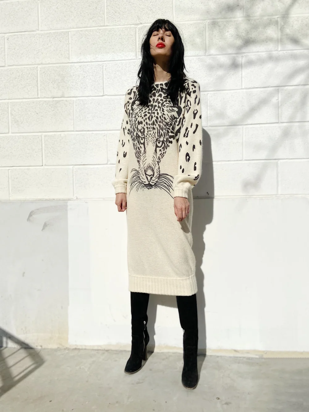 KRIZIA 80s Cream Leopard Print Sweater Dress  Garment Modern + Vintage