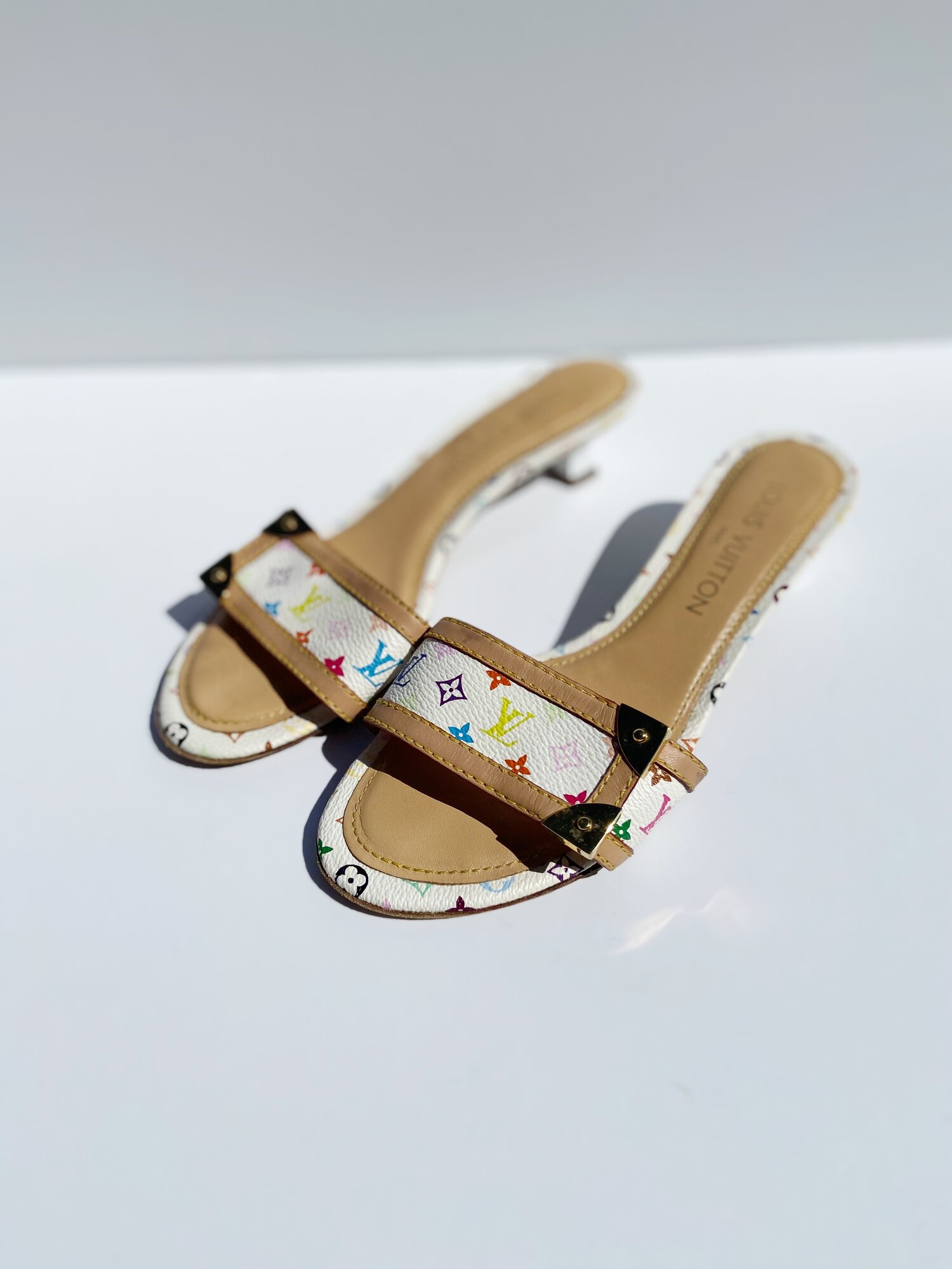 Louis Vuitton White Monogram Multicolore Kitten Heel Sandals Size