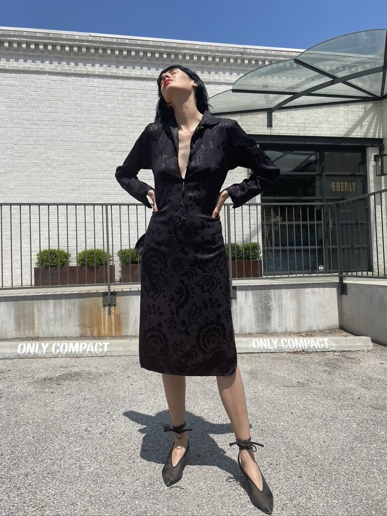 YVES SAINT LAURENT 80s Black Floral Silk Jacquard Dress — Garment