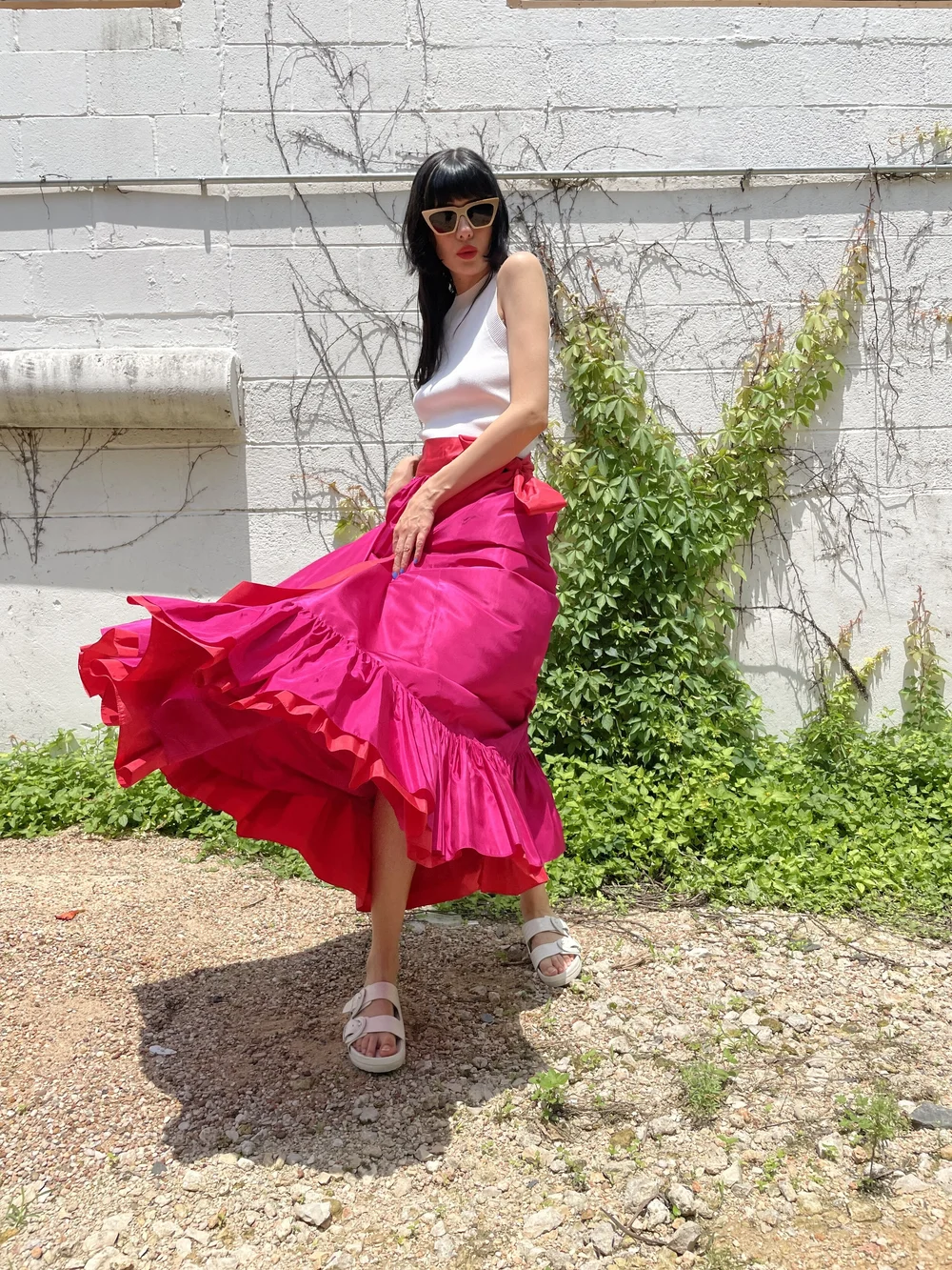 YVES SAINT LAURENT 80s Pink + Orange Silk Taffeta Ruffle Maxi