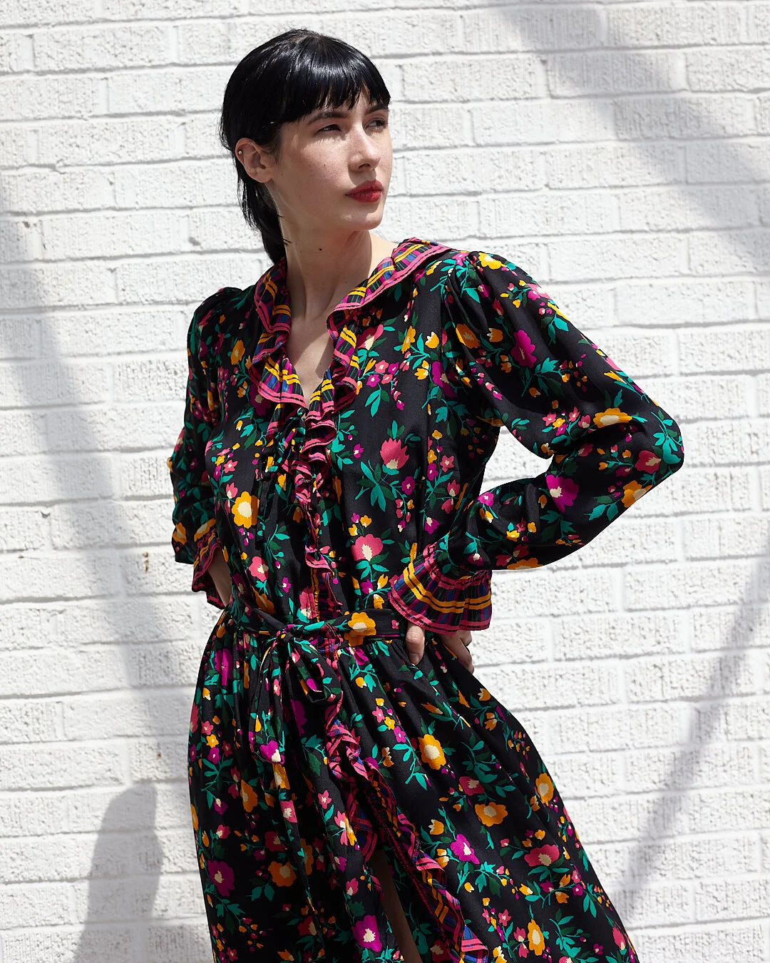 YVES SAINT LAURENT 80s Multi Print Silk Floral Dress Garment Modern + Vintage YVES SAINT LAURENT 80s Multi Print Silk Floral Dress Garment Modern + Vintage