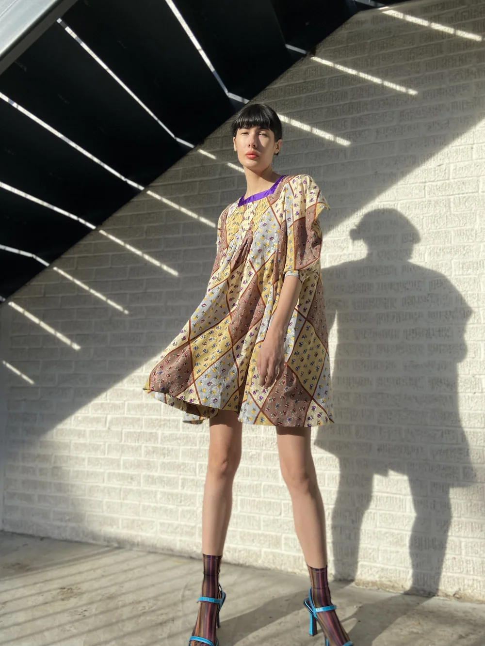 UNGARO 70s Taupe Gold Floral Pointed Shoulder Dress Garment Modern + Vintage UNGARO 70s Taupe Gold Floral Pointed Shoulder Dress Garment Modern + Vintage